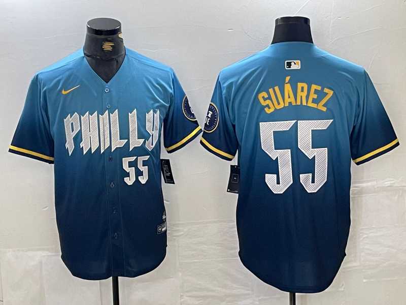 Men%27s Philadelphia Phillies #55 Ranger Suarez Blue 2024 City Player Number Cool Base Jersey